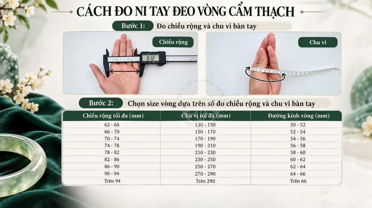 Hướng dẫn cách đo ni tay đeo vòng ngọc tại nhà và bảng quy đổi kích thước vòng. 