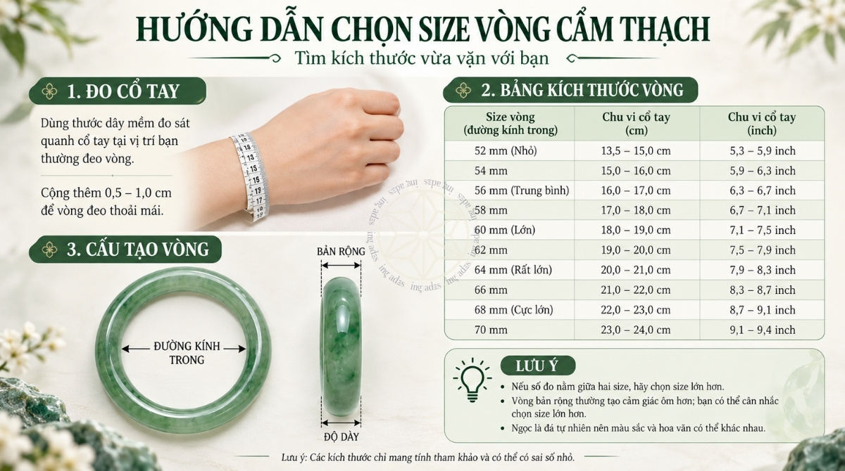 Hướng dẫn chọn size vòng cẩm thạch dựa trên số đo ni tay.