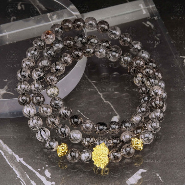 Chuỗi Thạch Anh Tóc Đen Charm Hoa Sen Mạ Vàng